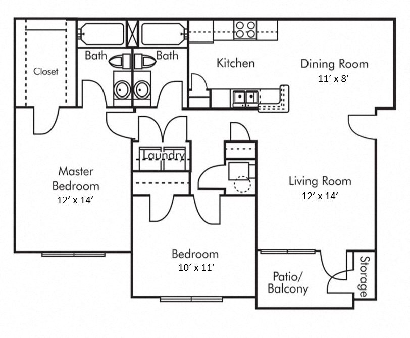 Floor plan for 2 beds, 2 baths, 1000 sqft